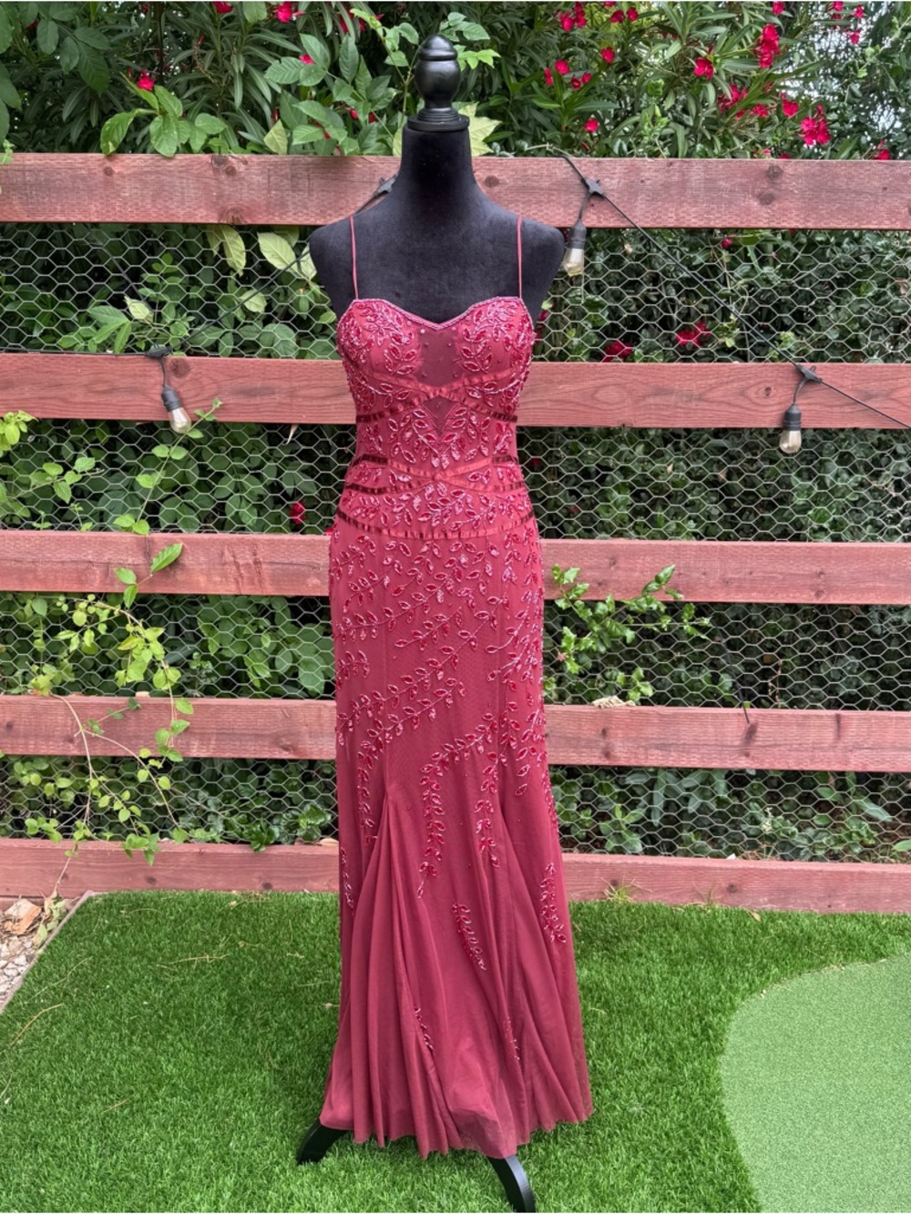 Elegant Beaded Burgundy Evening Gown - Spaghetti Strap Dress